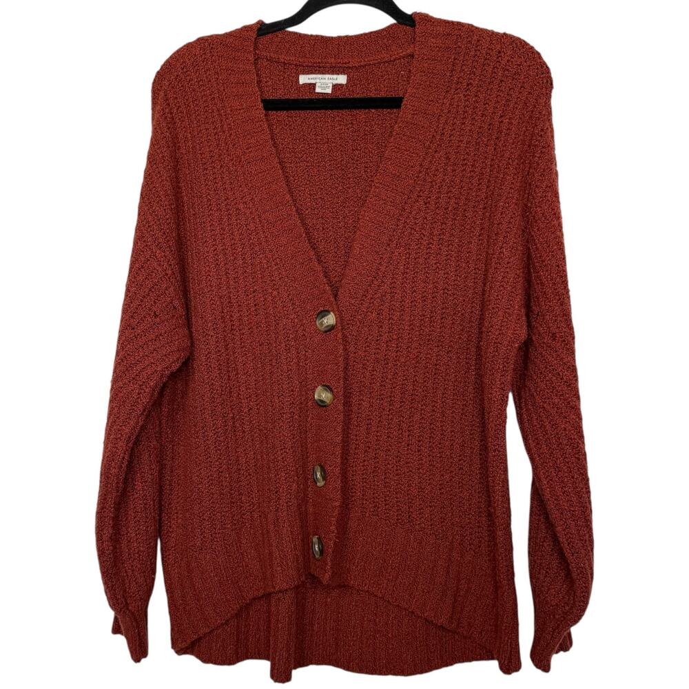 American Eagle oversized boxy button up v-neck rusty brick red sweater Size S